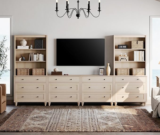 WAMPAT Entertainment Center with Bookshelves for TVs up to 75", Farmhouse Wall Unit TV Stand with Drawers, Media Console Table for Living Room, Bedroom & Home Theater, Light Oak