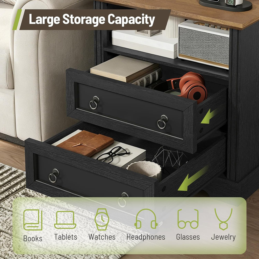 Farmhouse Nightstand with Charging Station, Wooden Bedside End Table with 2 D...