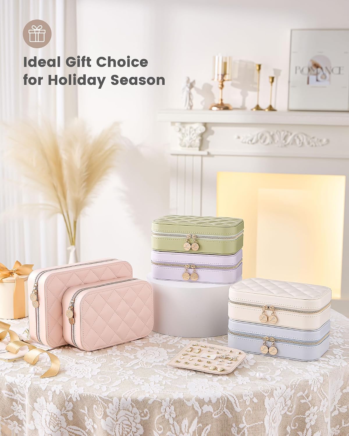 Lolalet Travel Jewelry Case for Women Girls, Travel Jewelry Organizer with Clear Storage Bag Small Portable Jewelry Box for Necklace Bracelet Earring Ring Valentines Bridesmaid Gifts -Medium/Beige