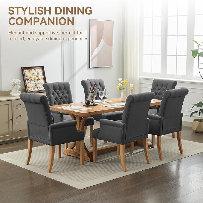 Fabric Dining Chair with Arms, Upholstered Tufted High Back Dining Room Chair...