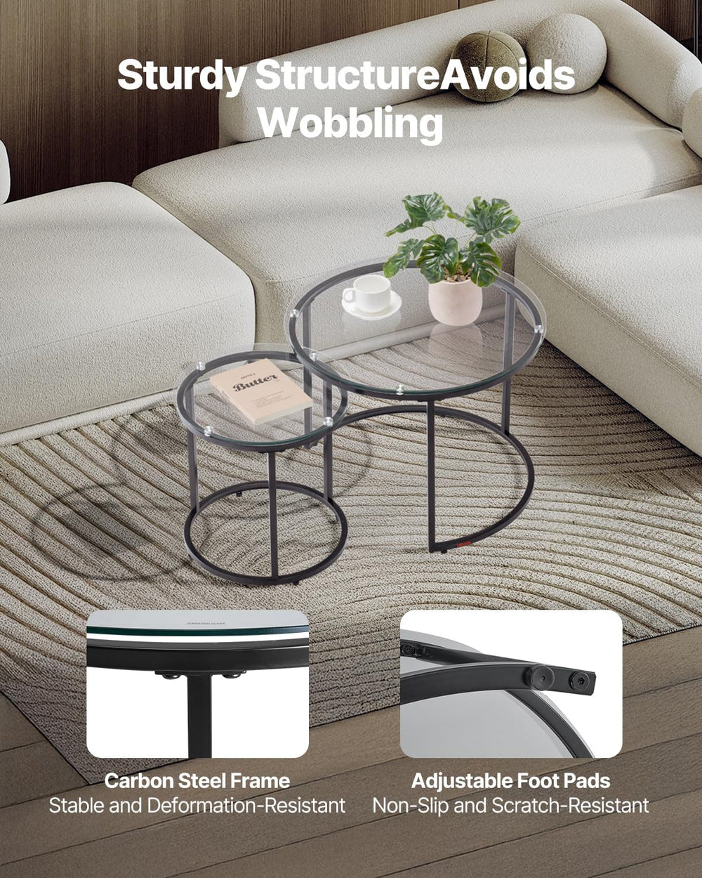 VEVOR Nesting Coffee Table Set of 2, 23.6 in Round Coffee Table, Glass Nestin...
