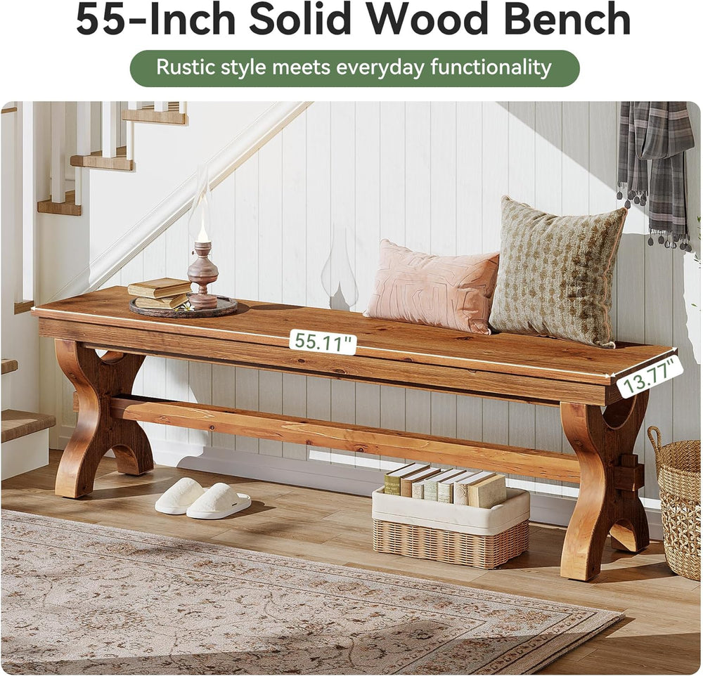 Solid Wood Dining Bench, 55-Inch Long Entryway Shoe Bench, Farmhouse Indoor S...