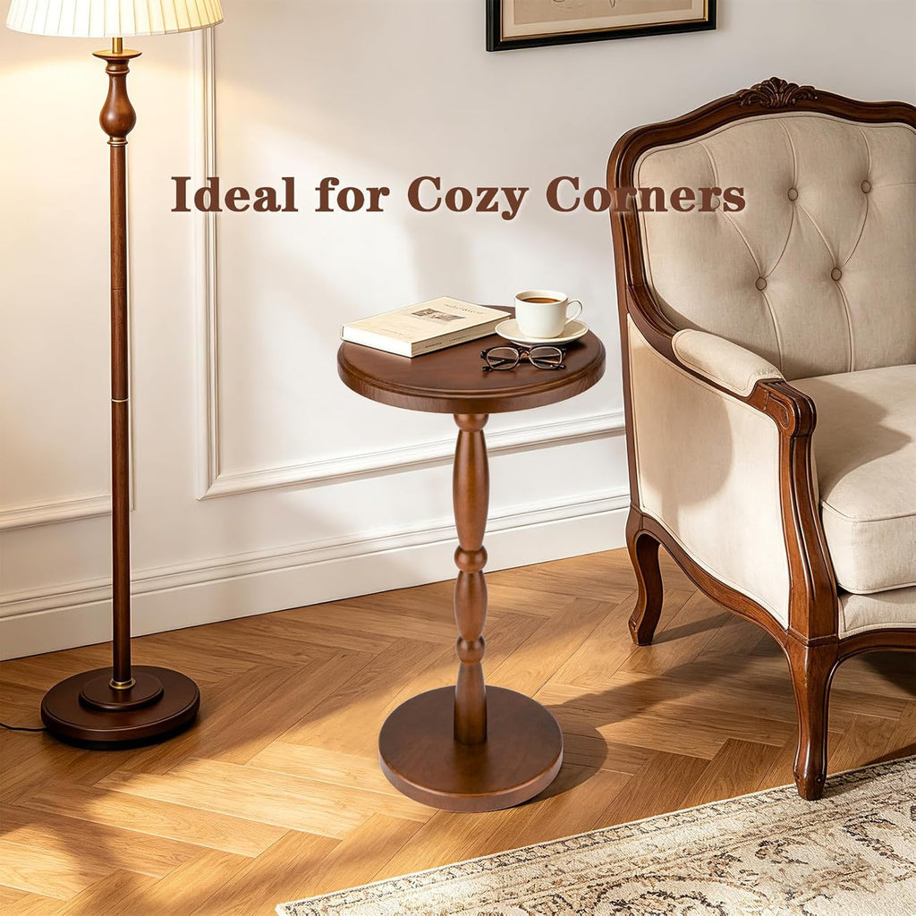 SANY DAYO HOME 12" Real Wood Round Drink Table, Small Pedestal Side Table with Decorative Beaded Design, Accent End Table for Living Room and Bedroom, Brown