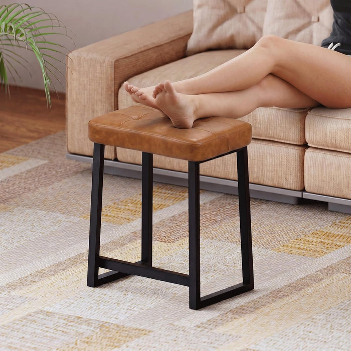 Vanity Bar Stool Chair, Makeup Stool Counter Height Stools,Small Ottoman Footrest for Living Room, Bathroom, Bedroom, Offices，Leather &Metal Legs with Anti-Slip Feet,Rustic Brown