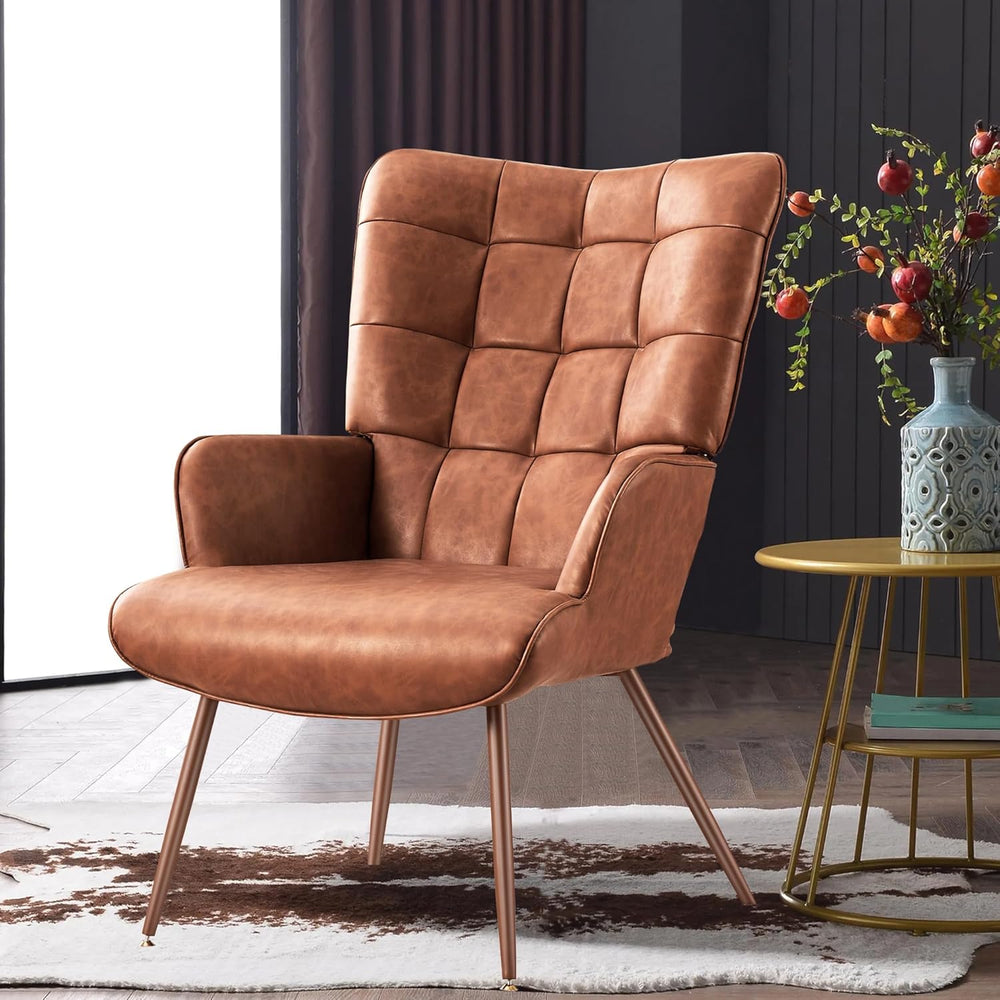 Kosydown PU Leather Wingback Accent Chair with High Back & Tufting, Brown...