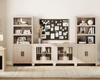 WAMPAT Entertainment Center with Bookshelves, 4-Piece Modular TV Stand with Storage Towers, Farmhouse Media Console with Glass Doors for Living Room, Bedroom, Beige