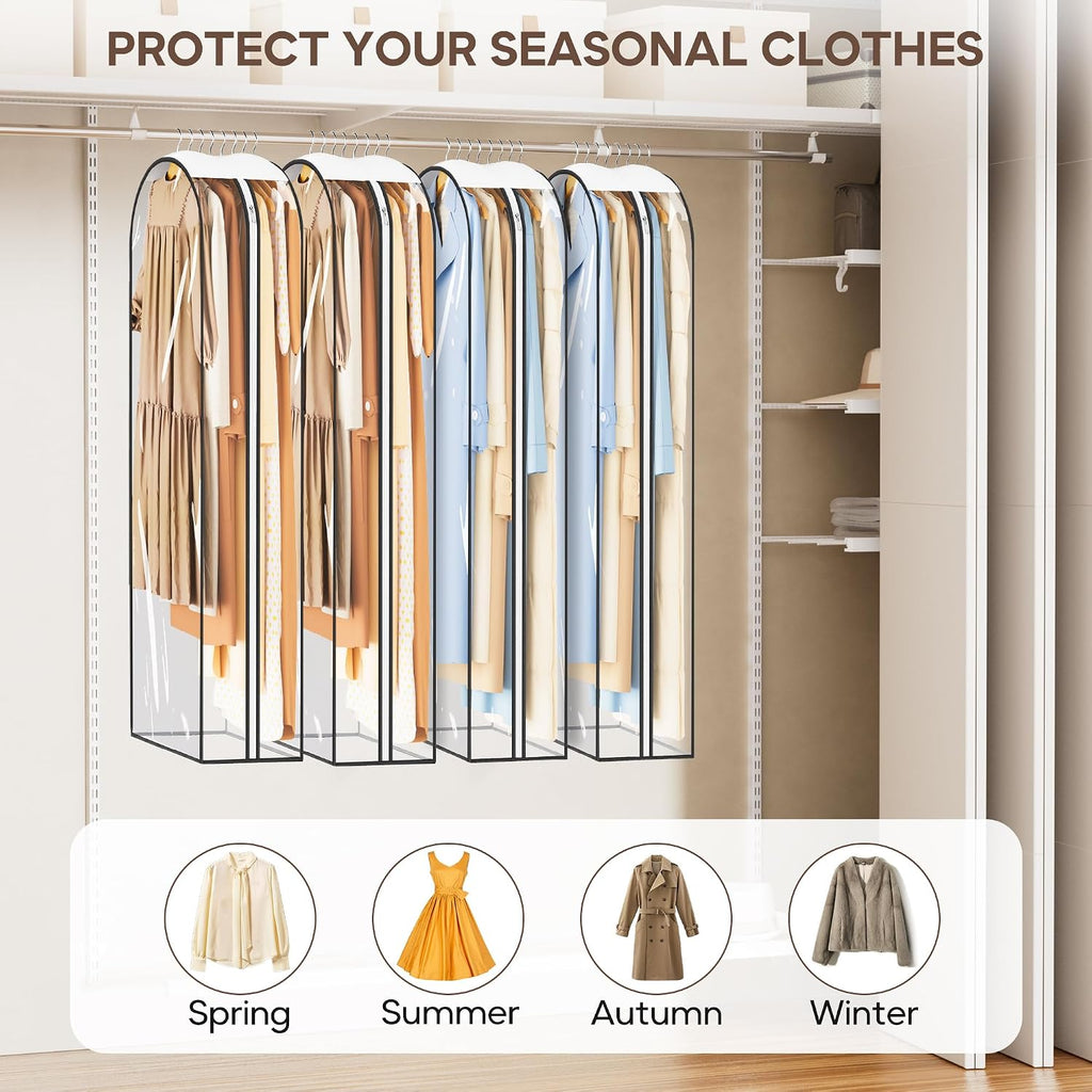 KEETDY 10" Guessted Garment Bags for Hanging Clothes, All Clear 60" Long Dress Bag for Closet Storage for Gowns, Coats, Suits Cover（4 Packs）
