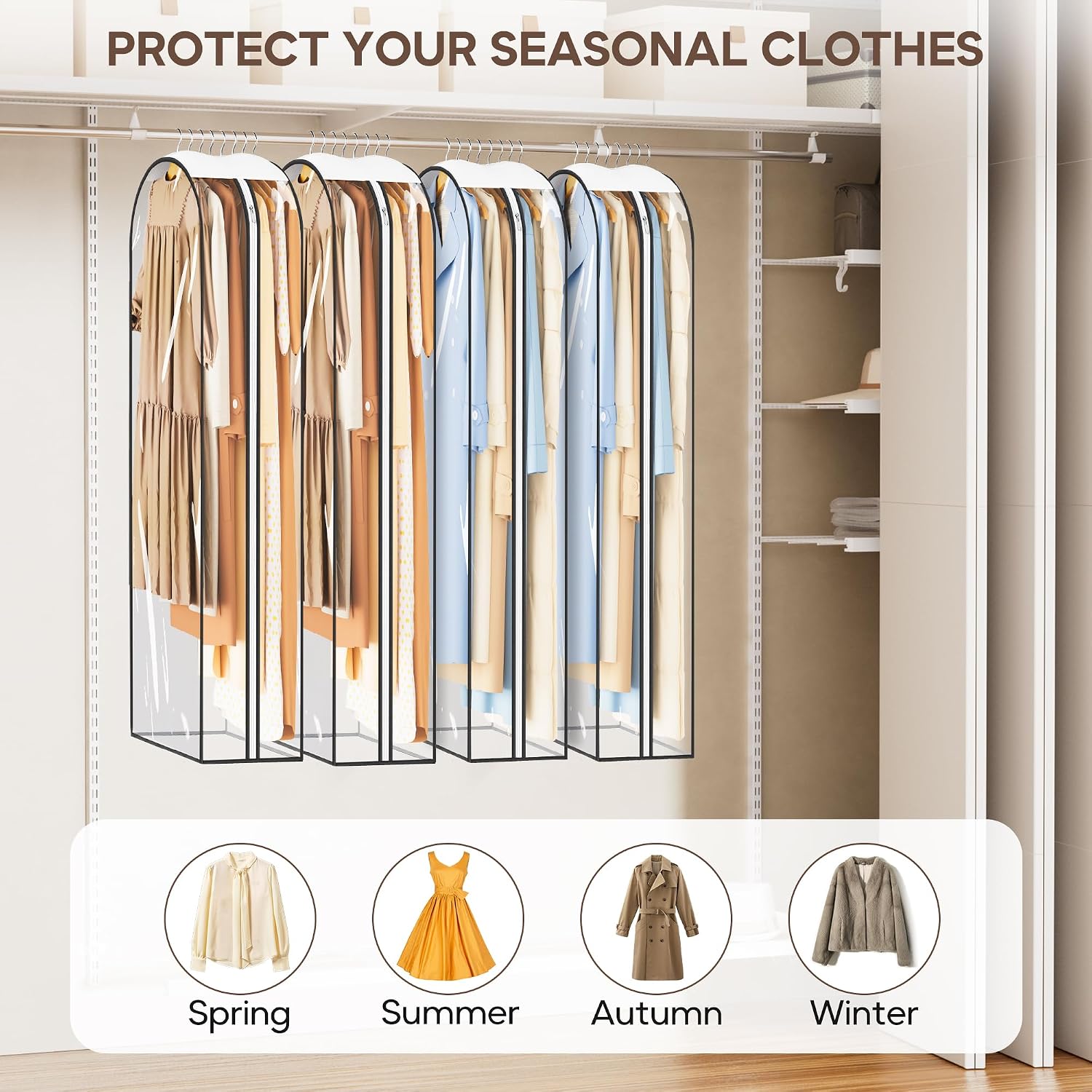 KEETDY 10" Guessted Garment Bags for Hanging Clothes, All Clear 60" Long Dress Bag for Closet Storage for Gowns, Coats, Suits Cover（4 Packs）