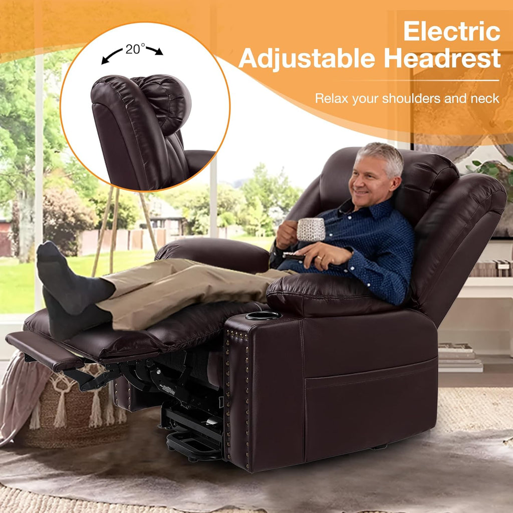 Triple Motor Large Power Lift Recliner Chair for Elderly with Heat and Massage, Lay Flat Lift Chairs for Seniors Infinite Position, Extended Footrest, USB Ports (Dark Brown)