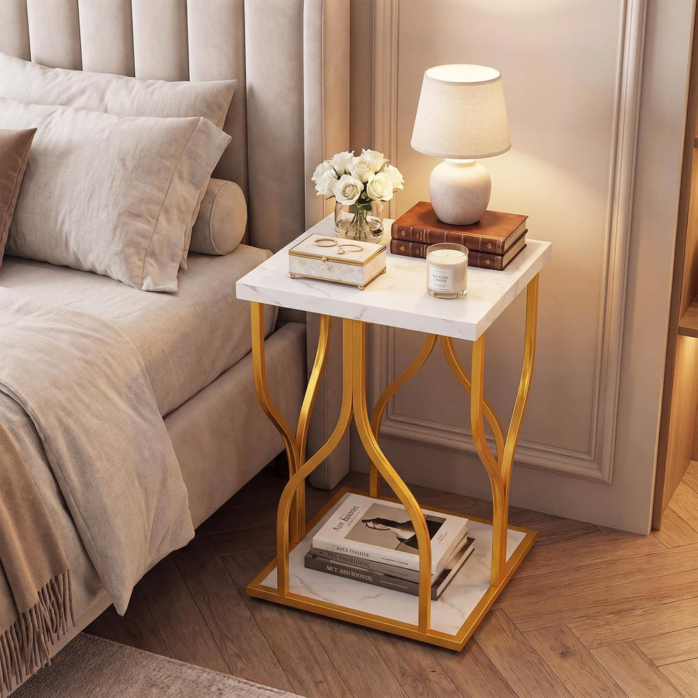 Giantex 2-Tier End Table, Faux Marble Bedside Night Stand with Storage Shelf ...