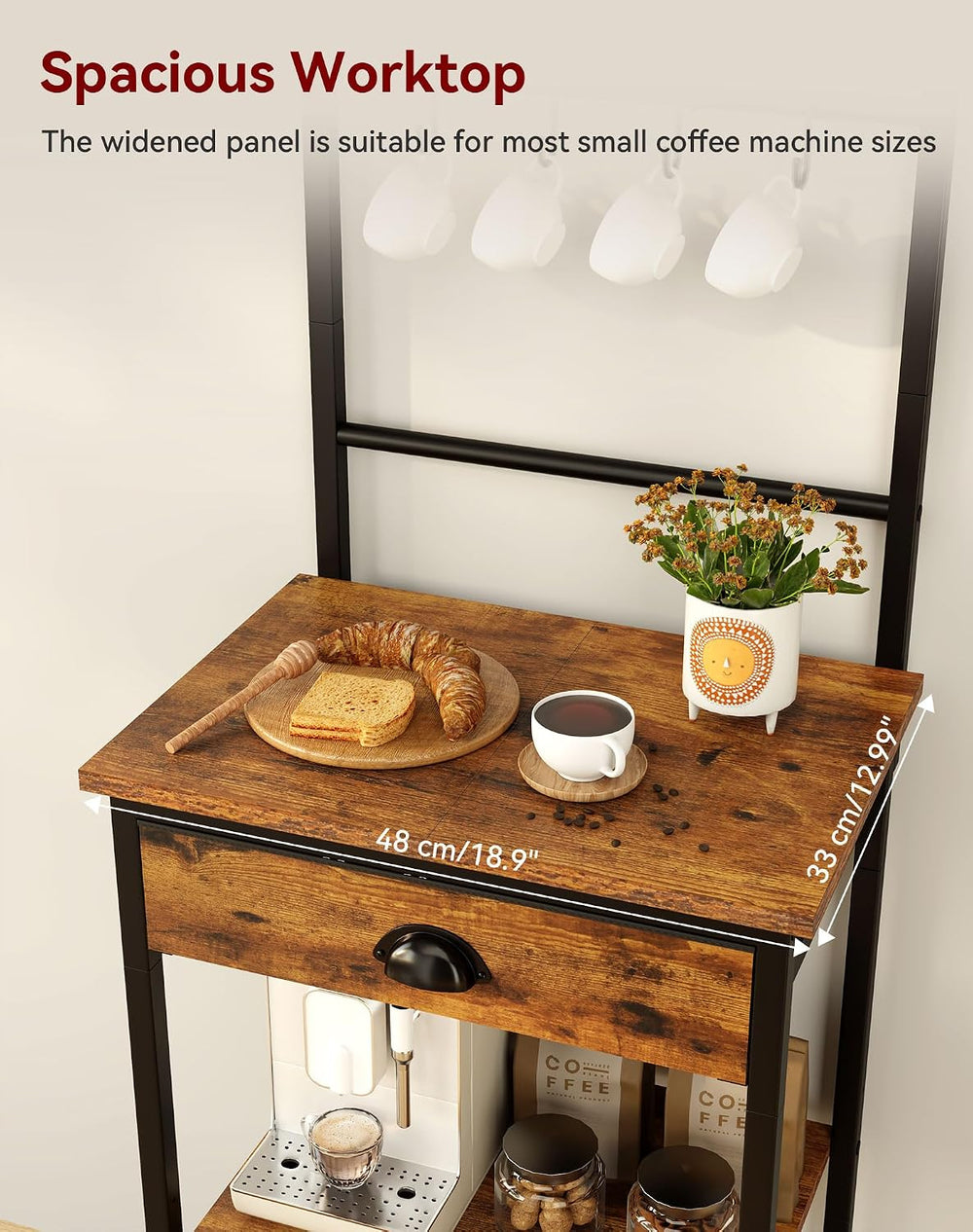 YMYNY 5 Tier Coffee Bar Station, Coffee Stand with Fabric Drawers, 8 S-Shaped...
