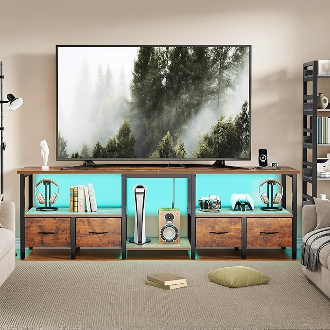 TV Stand for 80/75 Inch TV, LED Entertainment Center with 4 Fabric Drawers and Power Outlets, Modern Industrial TV Media Console for Living Room, Bedroom Storage Cabinet - 71'' Rustic Brown