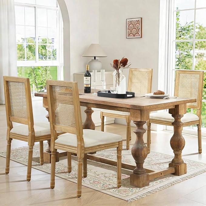 Dining Chairs Set of 2 for Dining Room & Kitchen, French Country Rattan Cane Back Chairs with Linen Upholstered Seat and S-Spring Support, Beige