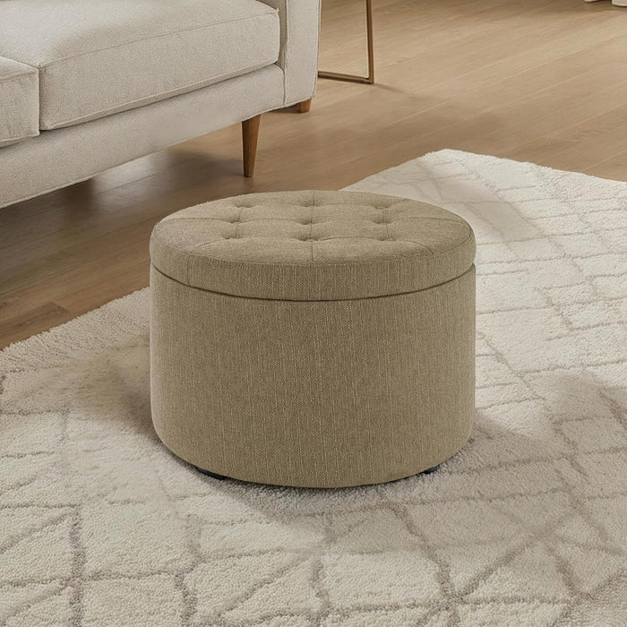 Convenience Concepts Designs4Comfort Round Shoe Ottoman 22" - Upholstered Footstool, Small Table, & Seat with Storage Compartment for Living Room, Entryway, Bedroom, Sandstone Fabric
