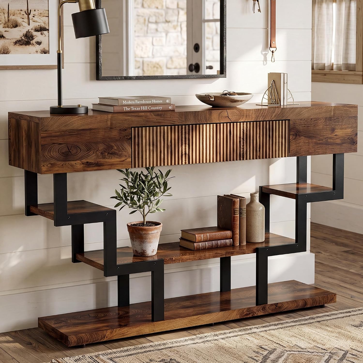 47.3" Console Table with Fluted Drawers, 3-Tier Modern Entryway Table with Geometric Black Metal Frame, Luxury Sofa Table for Living Room, Hallway, Foyer（Walnut Oak