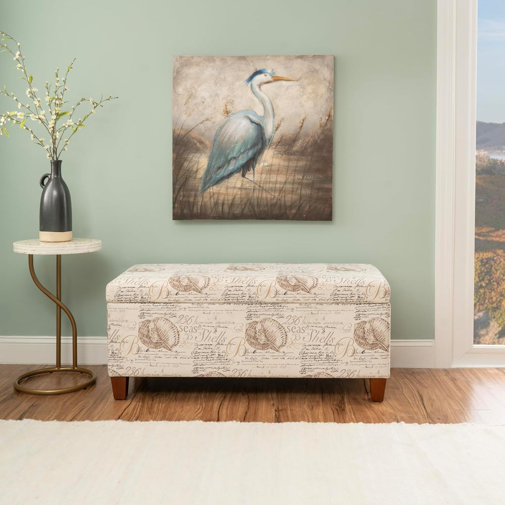 Linon Carmen Ivory and Beige Seashell Upholstered Lift Top Storage Ottoman wi...