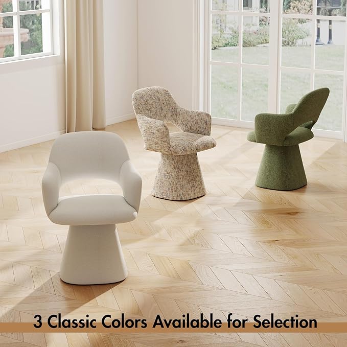 360° Swivel Dining Chair with Arms, Chenille Upholstered Barrel Accent Kitchen Chairs with Hollow High Back, Vanity Chair for Bedroom, Beige, 1PC