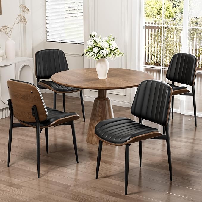 Dining Chairs Set of 2, Mid-Century Modern Upholstered PU Leather Chairs with Walnut Bentwood Back and Metal Legs Adjustable Feet for Kitchen Dining Living Room, Dark Black Vertical Stripes