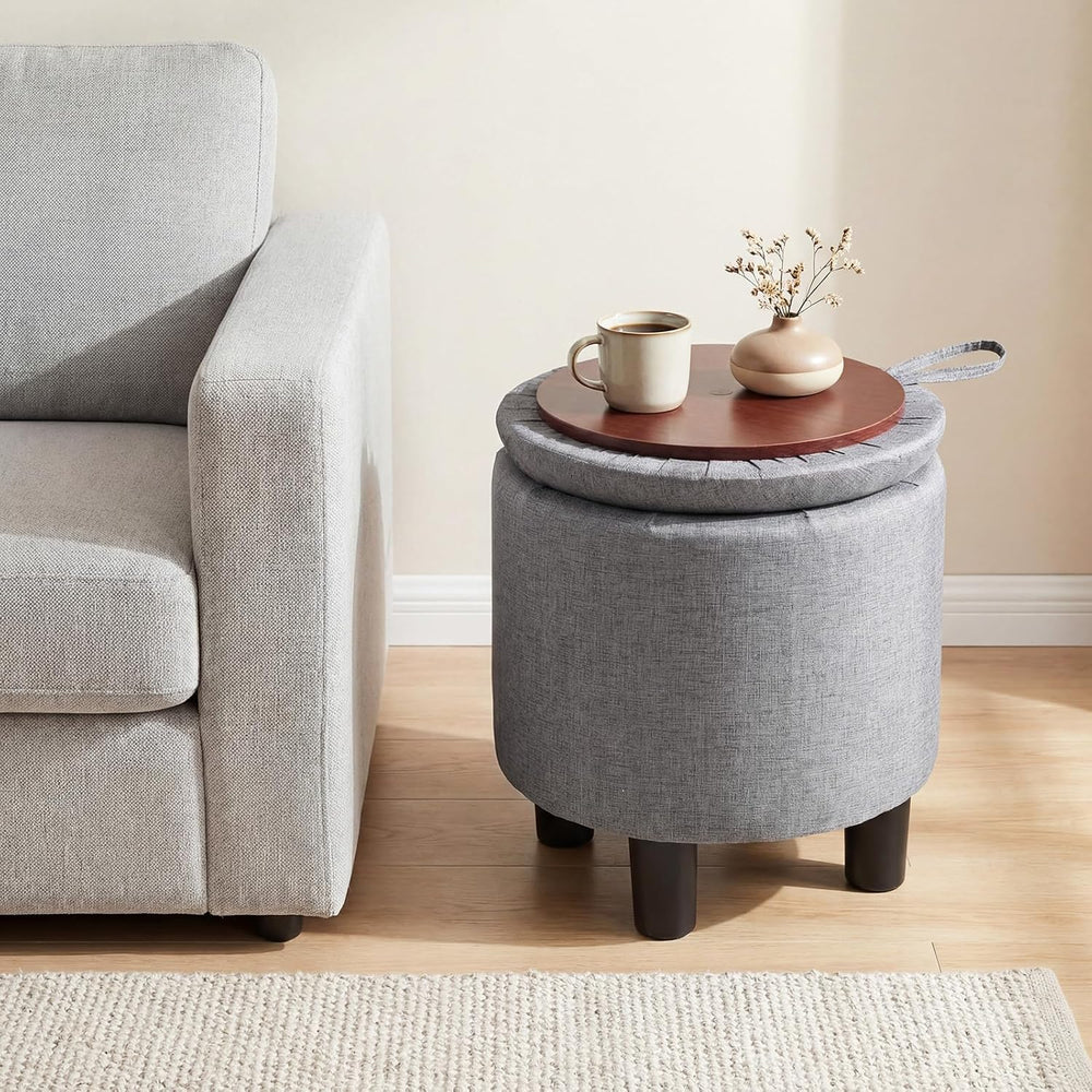 GIANTEX Linen Fabric Round Storage Ottoman with Removable Lid, Gray | Upholst...