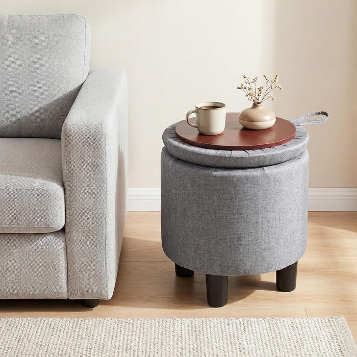 GIANTEX Linen Fabric Round Storage Ottoman with Removable Lid, Gray | Upholstered Ottoman Foot Rest, Small Ottoman Foot Stool for Bedroom Living Room, 15"D x 15"W x 18"H