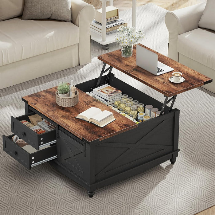 ALLSTAND 31.5" Lift Top Coffee Table with Storage, Farmhouse Coffee Tables for Living Room, Square Coffee Table with Large Hidden Storage Compartment, 2 Drawers & Removable Shelves, Black