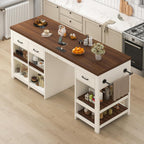 72" Stationary Kitchen Island with Charging Station | Large Kitchen Bar Island Table, 6 Storage Drawers, Open Shelves & Built-in Fridge Space, Towel Racks