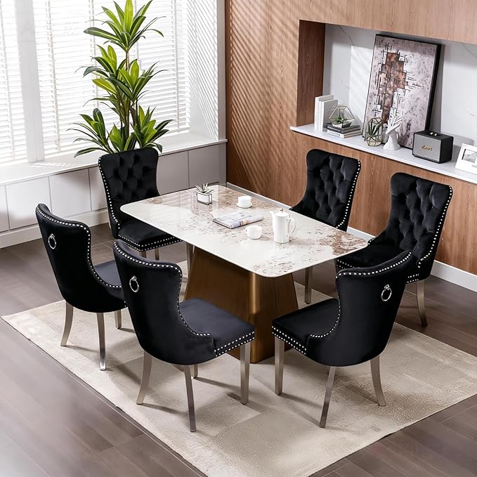 Mid Century Modern Dining Chairs Set of 6, Black Velvet Upholstered Tufted Back, Kitchen & Dining Room Chairs, Brushed Silver Metal Legs, Nailhead Trim, Sillas para Comedor (Black, 6 Pcs)