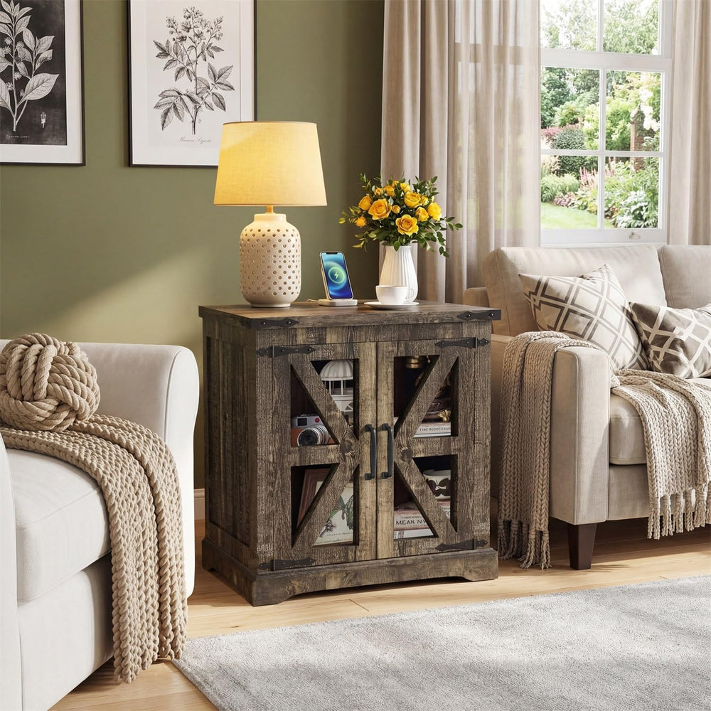 Farmhouse End Table, 24" Large End Tables with Storage, Rustic Square So...