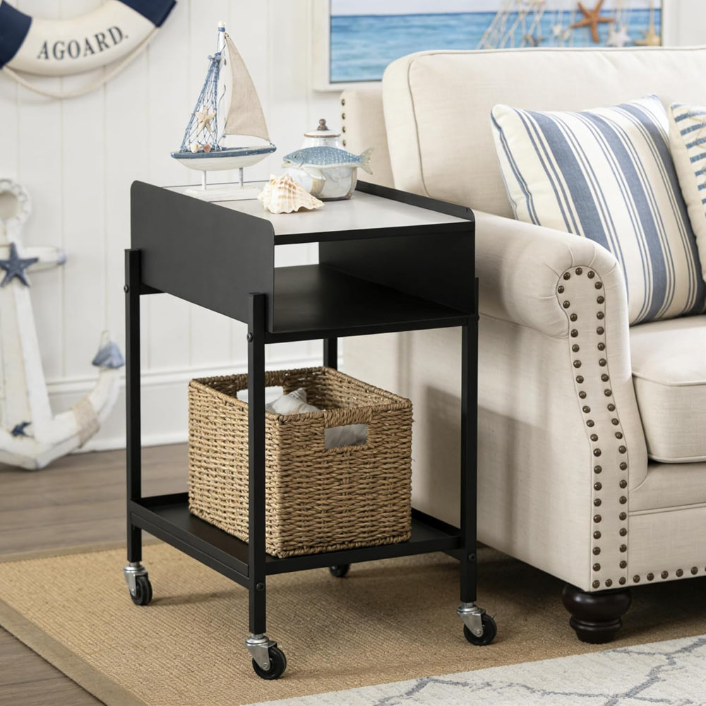 Bedside Table with Wheels Rolling Nightstand 3-Tier Sofa Side Table Modern En...