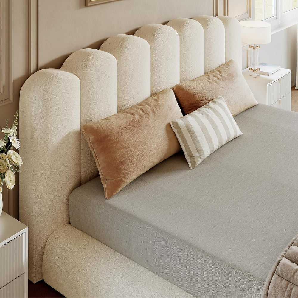 King Size Cloud Bed Frame with Wave Headboard, Upholstered Platform Bed with ...