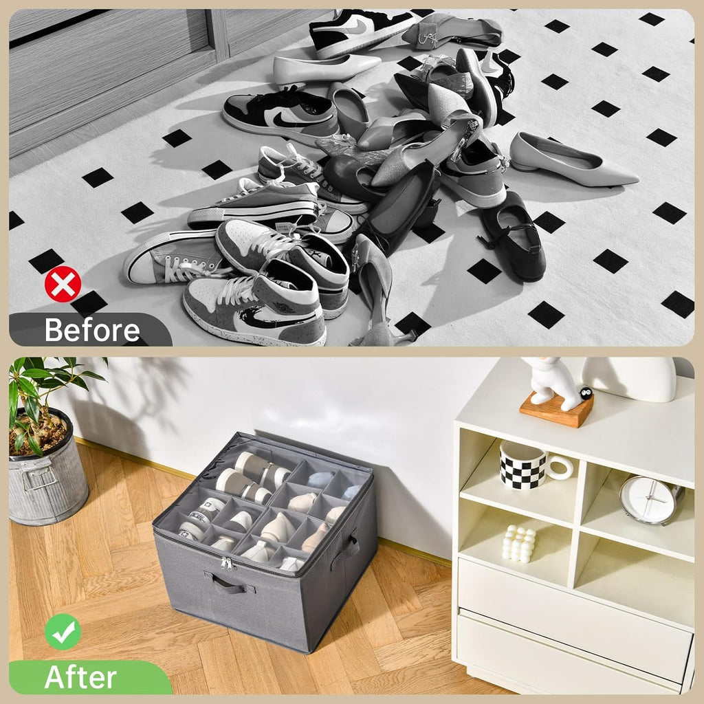 2 Pack Shoe Organizer for Closet,Fits up to 32 Pairs,Adjustable Dividers for Shoe Storage,Fabric Shoe Storage Bins with Clear Cover,Grey