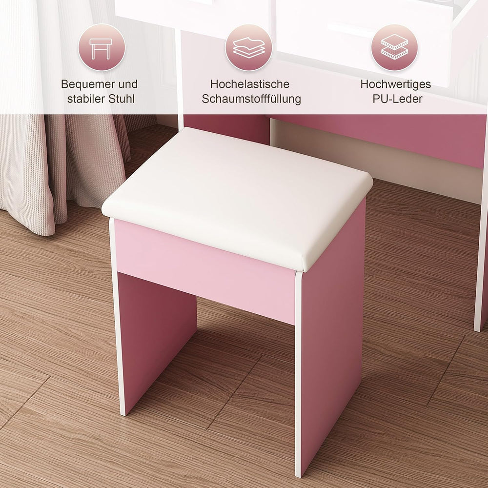 Small Vanity Desk Set with Mirror and Adjustable LED Lights, Compact Pink Dre...