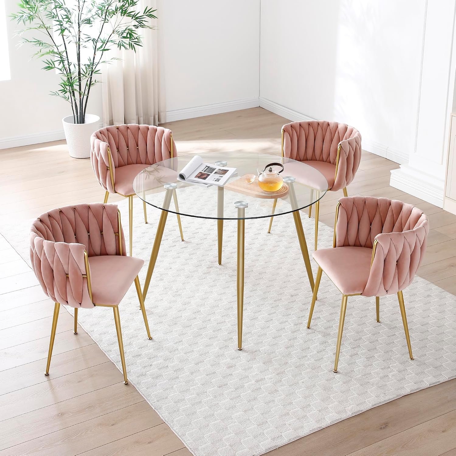 KEIKI Modern Velvet Dining Chairs Set of 2, Upholstered Woven Accent Dining Chairs with Gold Metal Legs, Tufted Back, Kitchen & Dining Room Chairs for Living Room, Bedroom, Vanity, Pink