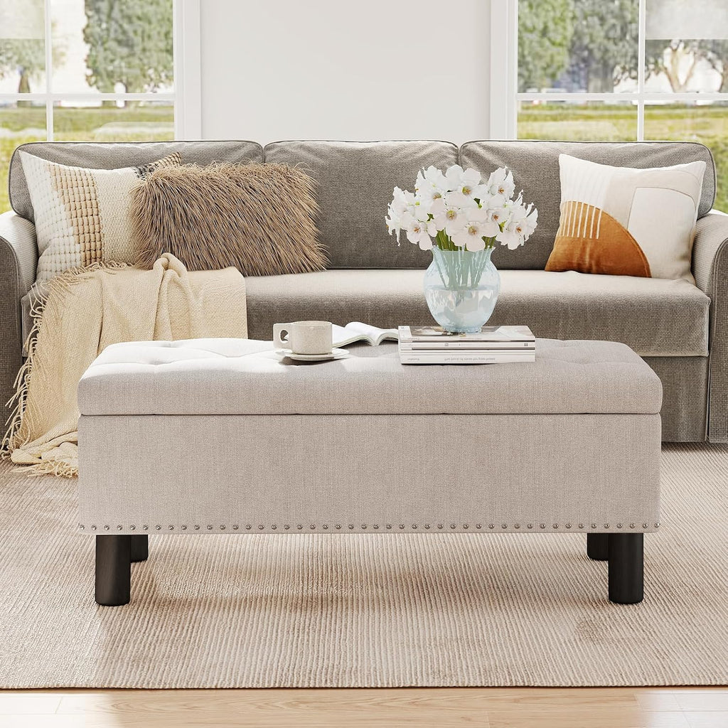 Furniliving 42" Ottoman with Storage, End of Bed Bench with Button-Tufted Large Upholstered Storage Ottoman Entryway Bench Storage Bench for Bedroom, Living Room, Linen, Beige