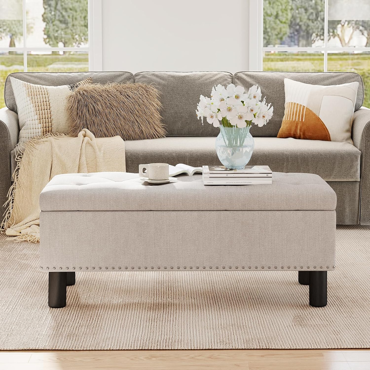 Furniliving 42" Ottoman with Storage, End of Bed Bench with Button-Tufted Large Upholstered Storage Ottoman Entryway Bench Storage Bench for Bedroom, Living Room, Linen, Beige
