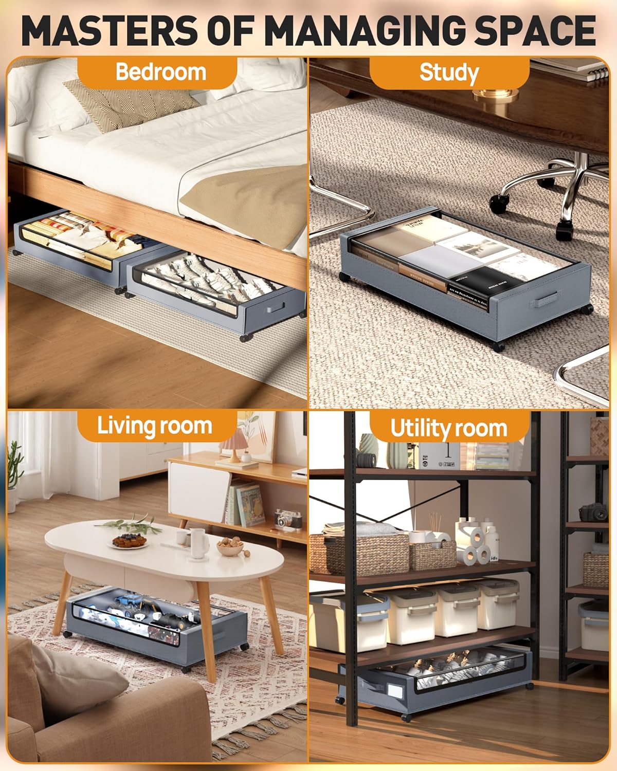 Under Bed Storage with Wheels, Square Under Bed Storage Containers, 60L Under The Bed Storage Bins, Rolling Metal Drawer for Clothes, Blankets, Shoes...