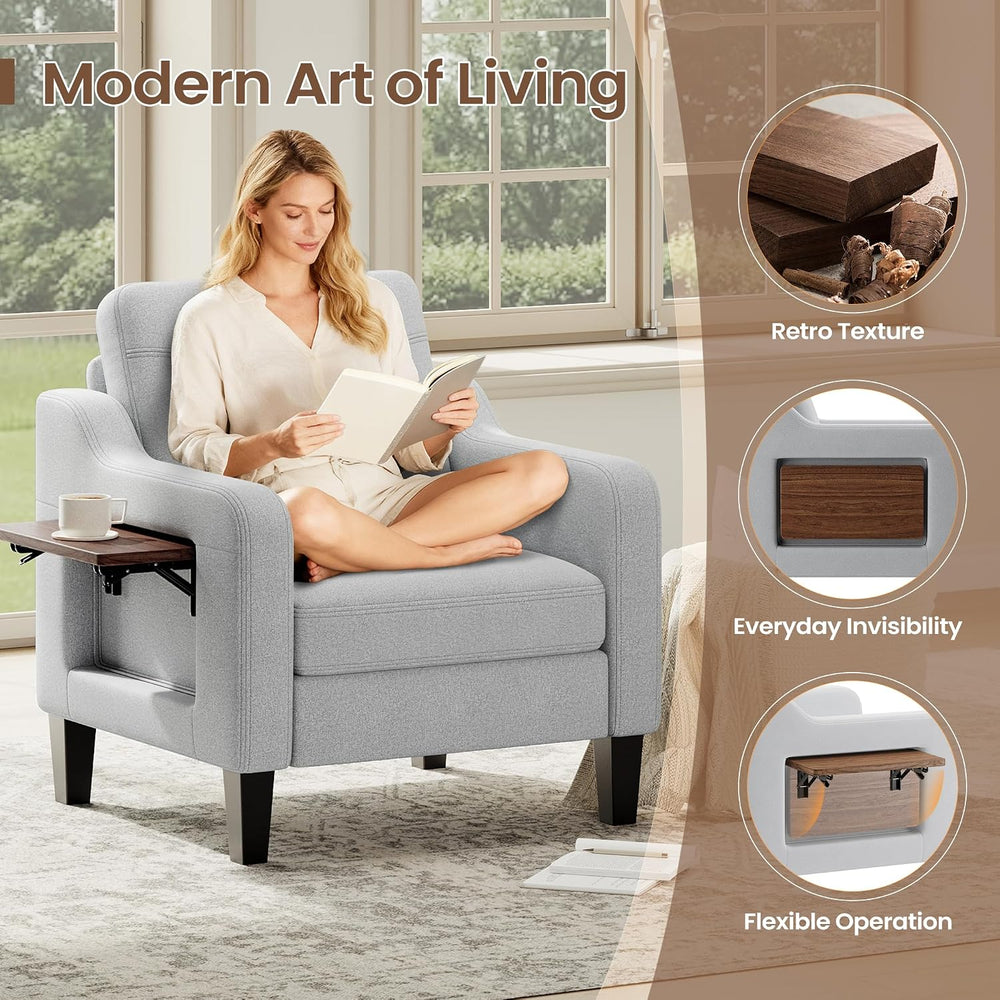 Upholstered Accent Chair with Foldable Side Table for Living Room | 2 Side Po...