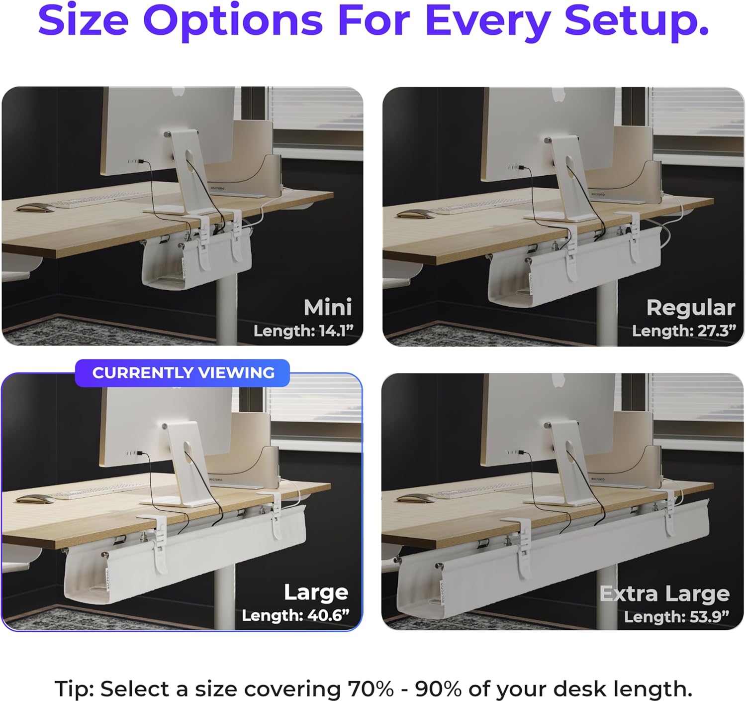 Ascrono Original No Drill Under Desk Cable Management Tray 40.6" - Premium White Fabric Cable Management Under Desk - Clamp/Screw Mount Cord Organizer - Supports Upto 66lbs - Large