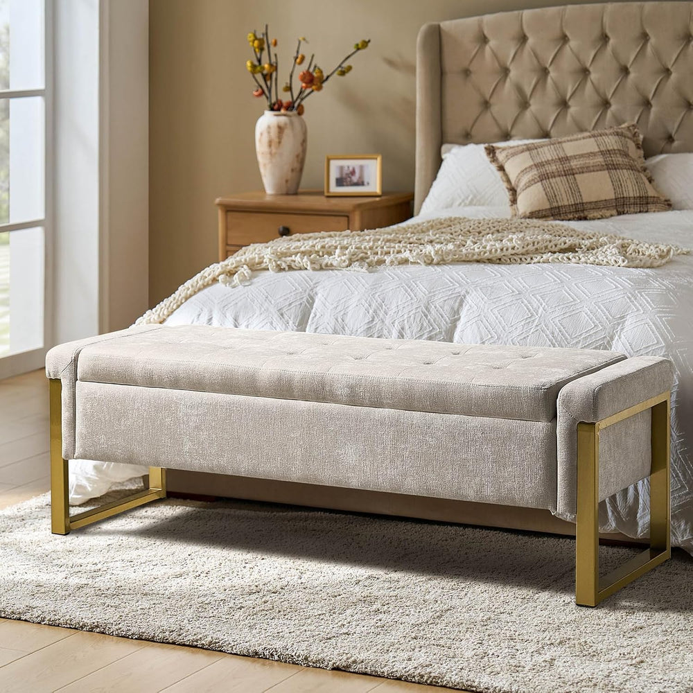 Modern Storage Ottoman Bench with Gold Metal Legs Upholstered Footrest End-of...