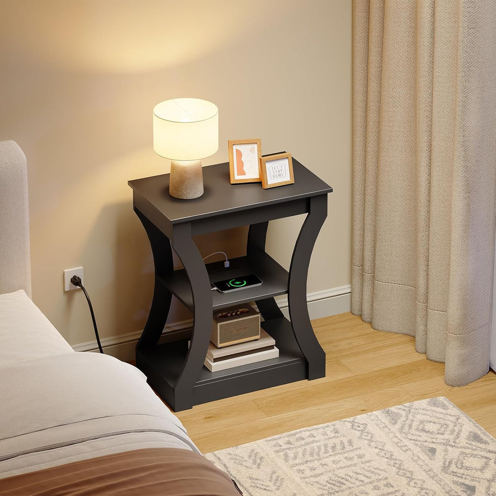 MAHANCRIS Black End Table with Charging Station, Skinny Side Table with USB P...