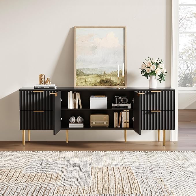 SICOTAS TV Stand for 55/60/65/70 Inch TV - 62 Inch TV Stands for Living Room Entertainment Center with 4 Drawers, Fluted Modern TV Media Console Television Cabinet for Bedroom(Black, 2 Pieces)