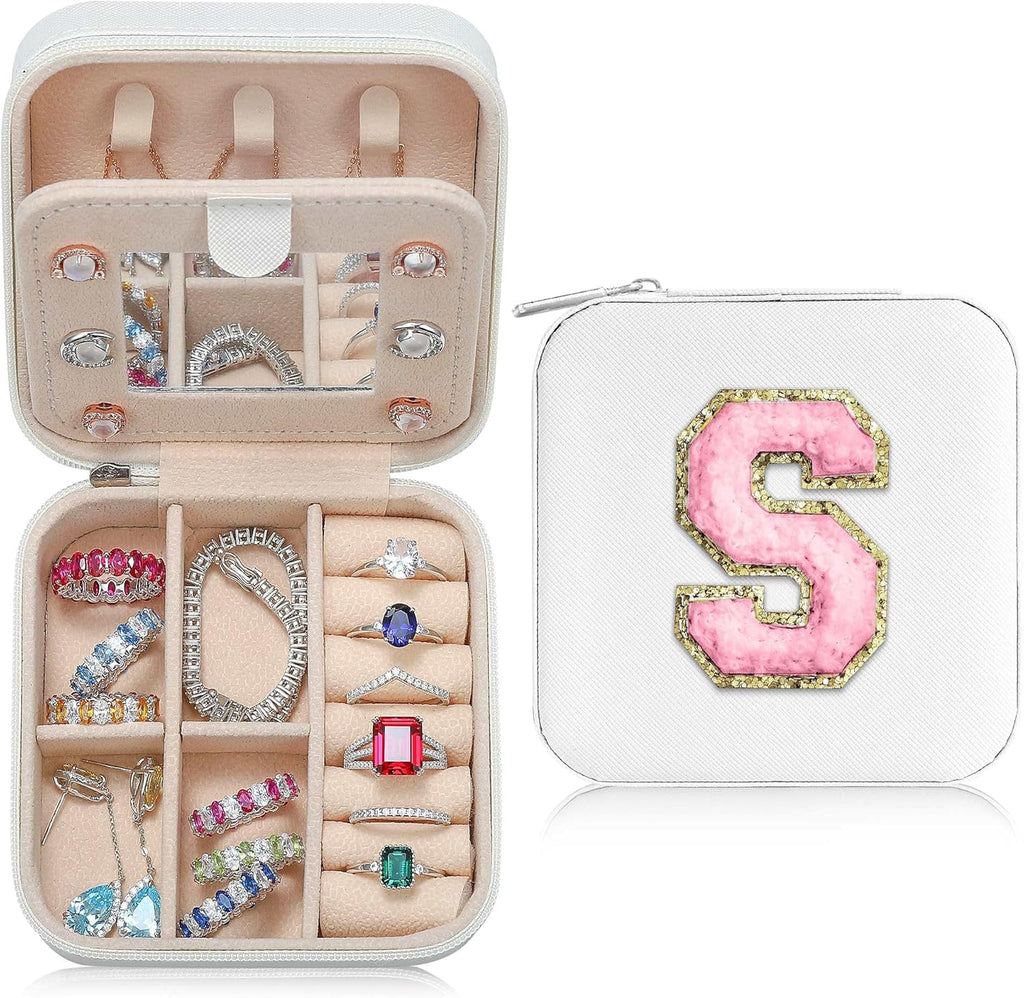 Parima Bridesmaid Gifts for Wedding Day, Bridesmaid Gifts for Women | Bridesmaid Proposal Gifts Unique Gifts | Wedding Travel Essentials Small Jewelry Box | Travel Jewelry Case - Letter S, White
