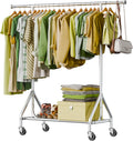 Clothes Rack Load 450 LBS, Heavy Duty Garment Rack, Standing Rolling Metal Hanging Clothes with Sturdy Wheels & Shelves, Silver