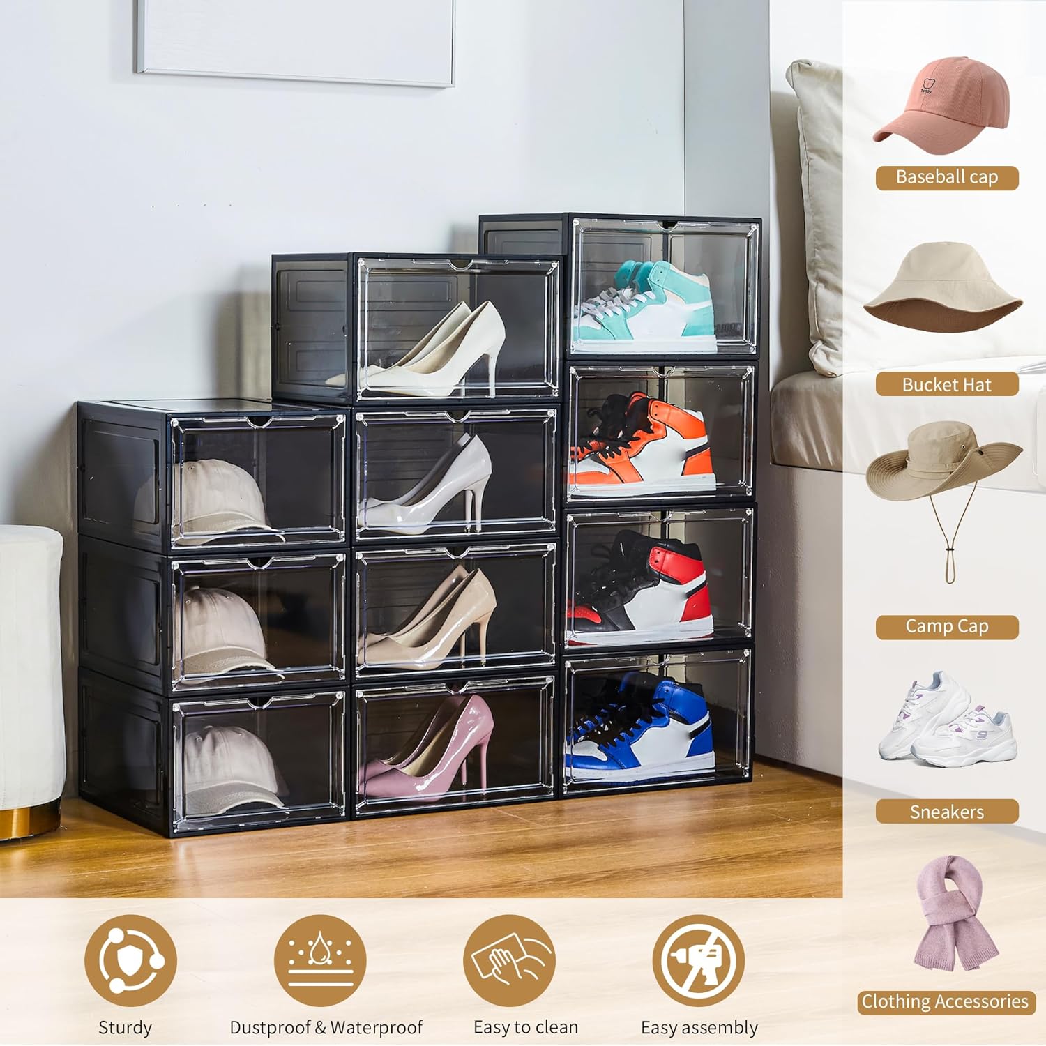 Attelite Upgrade Harder Solid Plastic Hat Organizer for Baseball Caps, 8 Pack Stackable Hat Storage Box with Clear Magnetic Door, Hat Rack(XL-Clear)