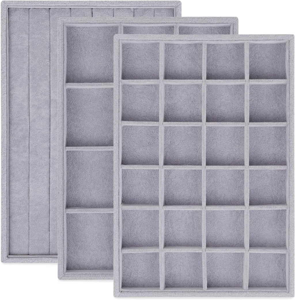 Rocutus Jewelry Trays,3 Pack Stackable Velvet Jewelry Organizer Tray Drawer Jewelry Storage Tray,Divided Ring Organizer Tray for Earrings, Necklaces, Bracelets,13.8"x9.5"x1.2" (Grey)