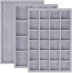 Rocutus Jewelry Trays,3 Pack Stackable Velvet Jewelry Organizer Tray Drawer Jewelry Storage Tray,Divided Ring Organizer Tray for Earrings, Necklaces, Bracelets,13.8"x9.5"x1.2" (Grey)