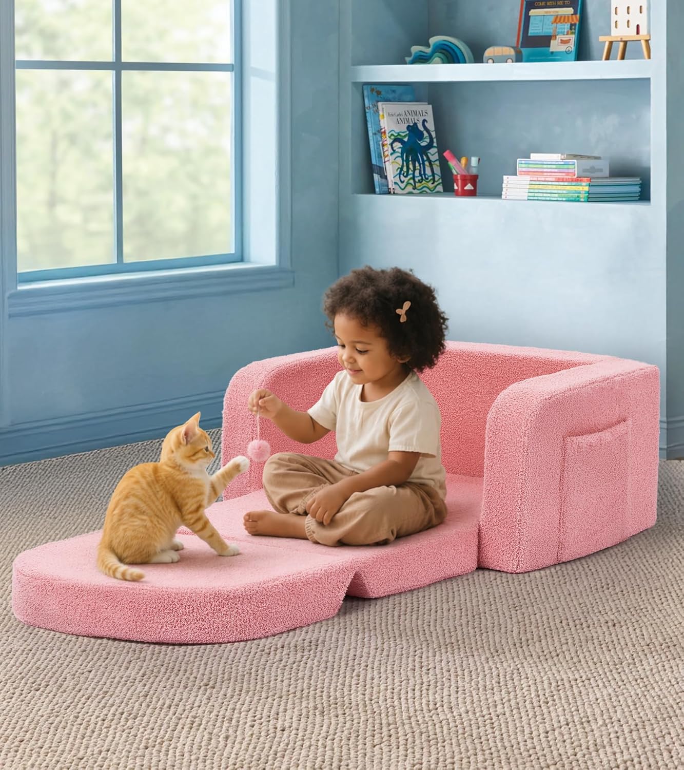 Foryoomi Kids Couch, 2-in-1 Soft Toddler Couch Fold Out with Blanket, Comfy Toddler Chair, Convertible Sofa, Gifts for Kids Girl Boys, Medium Pink Rainbow