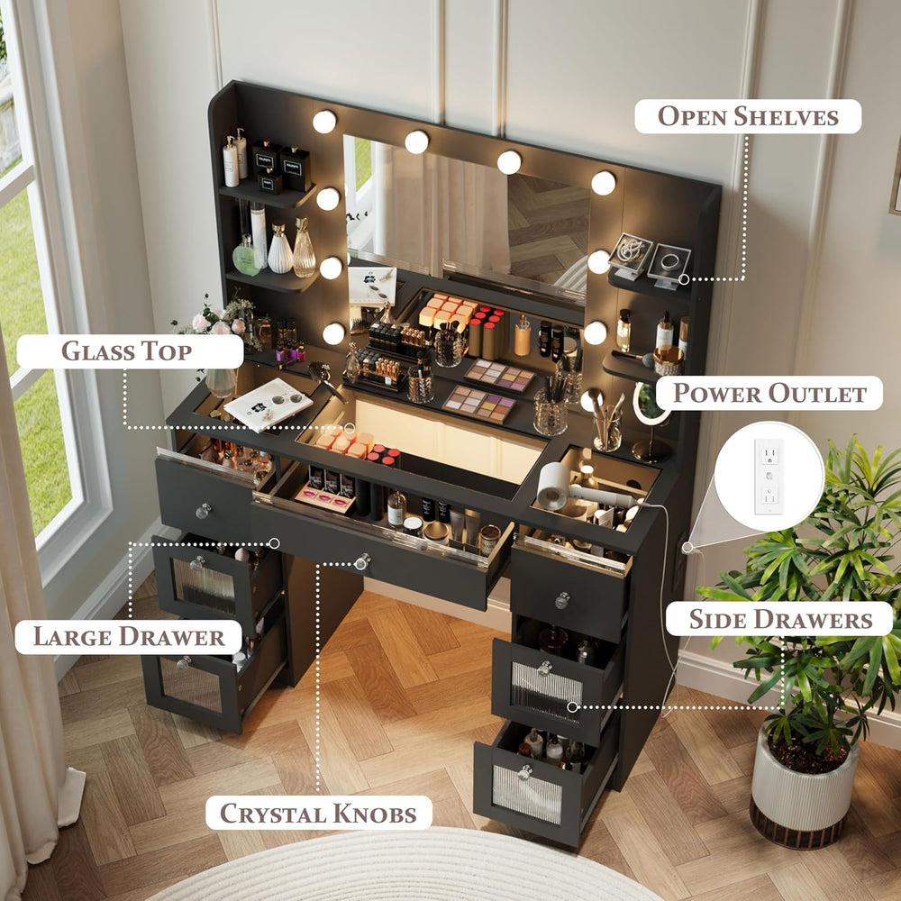 Glass Top Vanity Desk, Makeup Vanity Desk Black Dressing Table 23.5" Mir...