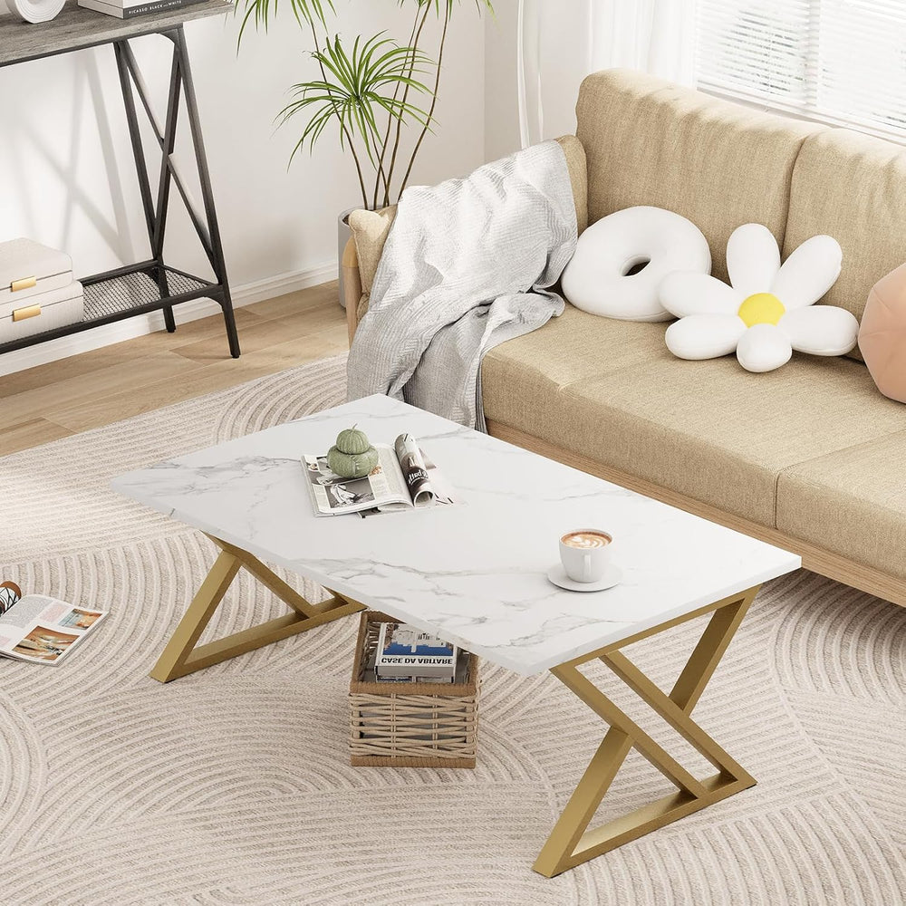 Wolawu Coffee Table Living Room Table White Center Table, Modern Faux Marble ...