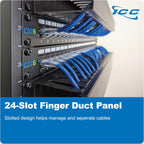 ICC 2U Finger Duct Cable Manager Panel with Cover, Plastic with Metal Back Frame, 5" Depth, Horizontal Cable Management, Rackmount for 19” Network Racks, Black, Single Pack